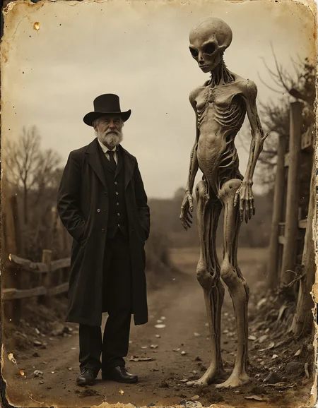 Vintage sepia-toned photograph depicting a surreal scene from the late 19th century. An elderly gentleman in period attire - dark suit, waistcoat, and wide-brimmed hat - stands beside a tall, skeletal alien figure. The alien is gaunt, with an elongated skull, large black eyes, and a frail body showing visible ribs. The setting is a rural autumn landscape with bare trees and scattered leaves. The image has the soft focus and slight blur characteristic of early photography, with visible grain and subtle imperfections. Muted earth tones dominate, emphasizing the contrast between the dark-clothed man and the pale alien. The composition suggests a formal portrait, with both figures facing the camera in a rigid pose. A wooden fence is partially visible in the background, adding to the rustic atmosphere. The juxtaposition of the mundane and the extraordinary creates an eerie, otherworldly ambiance, as if capturing a secret moment in alternative history. The photograph appears aged, with slight fading and foxing around the edges, enhancing its authenticity as a relic from a bygone era.