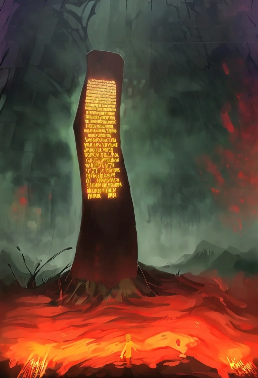 linquivera, Ink illustration, (anime:0.5), brown tones, aged black red paper, inkpunk, moonlight,surreal, a giant pillar on a hill, pillar, hill, orange text, glowing text, digital screen, (at a distance), Will-o'-the-wisp, moonlit, lonely, solitude, windy, OverallDetail, extremely detailed, UHD,(long exposure , dystopian but extremely beautiful:1.4)