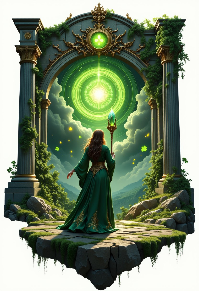 A semi-realistic fantasy concept art of a lucky clover sorceress standing on a floating rock platform before a glowing ancient portal, designed in a cutout-style with a white background. She wears an elegant emerald and gold robe, adorned with intricate four-leaf clover patterns. Her golden eyes shimmer with magic, and she holds a wooden staff crowned with a glowing clover-shaped crystal. The rock beneath her is covered in lush clover and enchanted roses, their petals drifting into the void. The ancient stone portal radiates swirling green and gold energy, framed by vine-covered ruins. Misty hills and ethereal trees are visible in the distance, giving a dreamlike feel. The white background makes it appear as if this mystical world is emerging from the page.