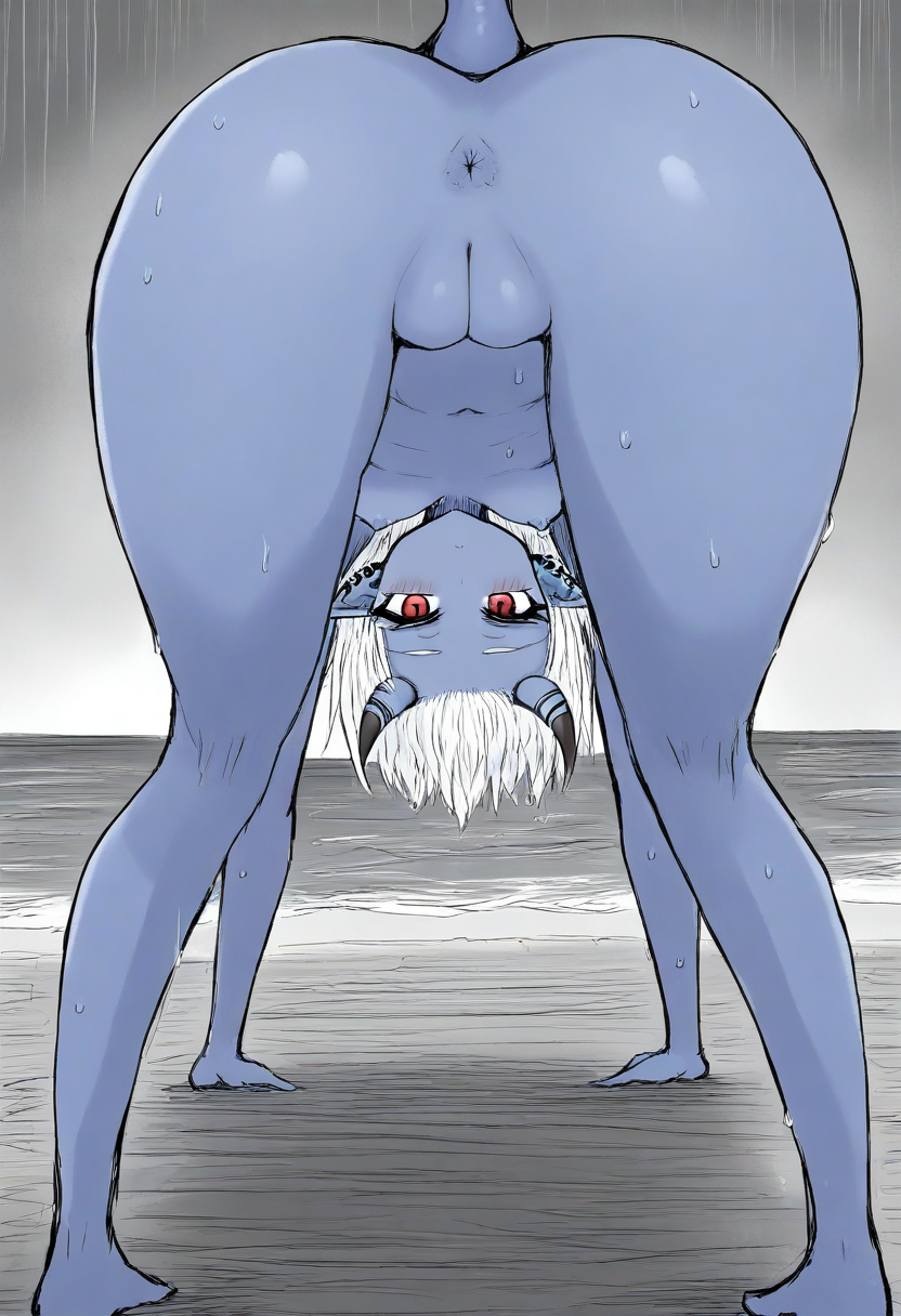 masterpiece, detailed face, cinematic lighting, volumetric lighting, bloom, rim lighting, post processing,soukaku, red eyes, blue skin, white hair, short hair, oni horns, tail, demon tail, pointy ears, ear piercing, nude, wet, 1girl, solo, outdoors, beach, seaside, standing, looking at viewer, masterpiece, absurdres, high quality, highres, ass, pussy, anus, bending over, lower body, small butt, flat ass, detailed ass,mini bikini,,blackss <lora:Black_souls_ill-000015IL:1>