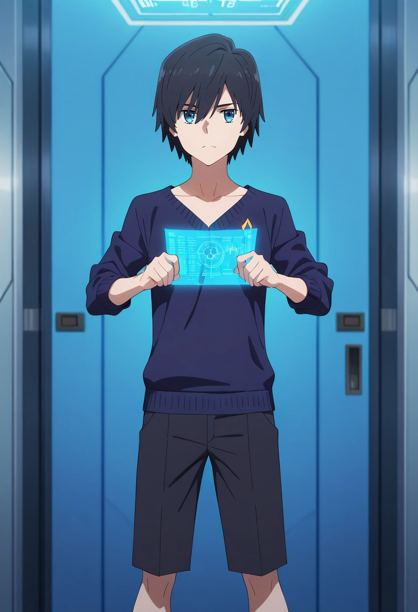 masterpiece, best quality, , anime screencap, anime coloring, , looking at viewer, 1boy, solo, male focus, <lora:hiro_franxx_ilxl:0.98>, hiro_franxx, black hair, blue eyes, bangs, , digital archive, glowing data streams, pixel displays, holographic records, researching pose, concentrated expression, cyber light, Capri pants, Brocade Ruby Tulle Striped crew neck sweater, , ,