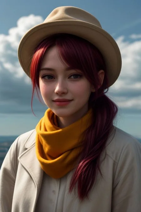 a girl in a mustard yellow hat and a white jacket with a gray scarf. She has red hair and brown eyes. She smiles and looks at the camera. Behind her is a blue sky with sparse white clouds