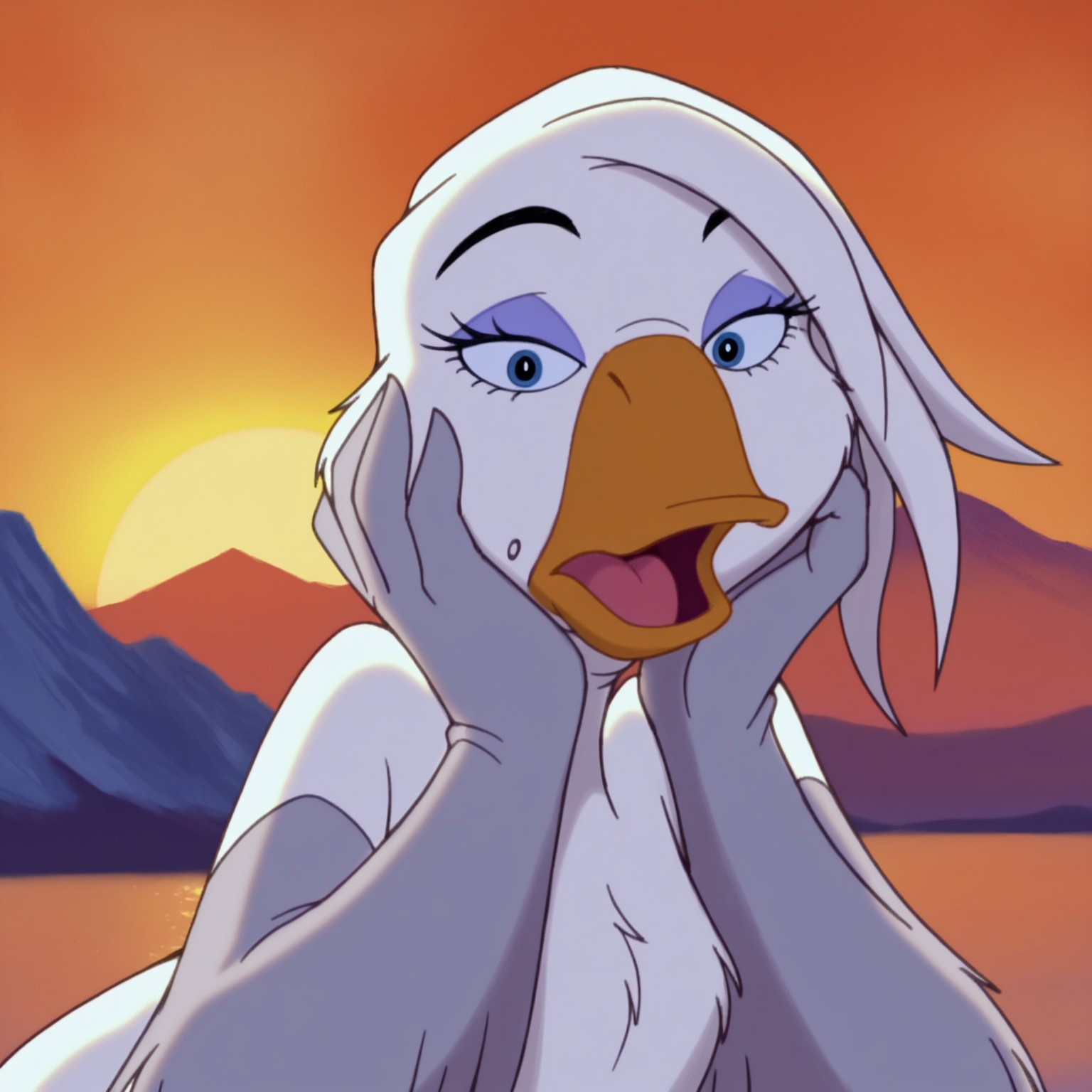 8k, uncensored, masterpiece, best quality, highly detailed, realistic, 1girl, solo, StellaBT, furry, feral, avian, goose, white hair, short hair, feather hair, black eyebrows, dark-blue eyes, black pupils, eyelashes, light-purple eyeshadow, orange beak, white body, open mouth, tongue, mole, looking at viewer, narrowed eyes, (looking at viewer, sunset, mountains, outdoors, detailed background, front view, upper body, (wide eyes, surprised look, hands on own cheek, surprised, feather hands, frown, 