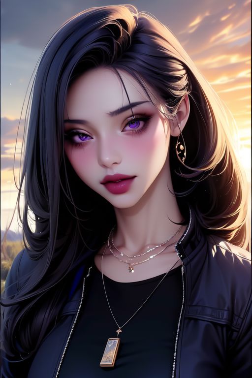 1girl,solo,tall_height,6_foot height, long hair,focused,confident, looking at viewer, gloves, closed_jacket, jewelry, purple eyes, black_jacket, necklace, outdoors, fashion theme, eyeliner,outdoors (masterpiece, best quality:1.2,high_resolution:1.3),official_art,Bnw