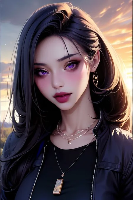 1girl,solo,tall_height,6_foot height, long hair,focused,confident, looking at viewer, gloves, closed_jacket, jewelry, purple eyes, black_jacket, necklace, outdoors, fashion theme, eyeliner,outdoors (masterpiece, best quality:1.2,high_resolution:1.3),official_art,Bnw