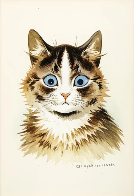 a drawing of a cat with blue eyes, by Louis Wain, inspired by Louis Wain, louis william wain, louis william wain watercolor, alex grey cat, 1 9 6 0 s psychology book cover, by Milton Glaser, 1 9 6 0 s soviet poster, 1 9 6 0 s art, a painting of a cat, mark ryden and lisa frank, chris dyer, watercolor painting
