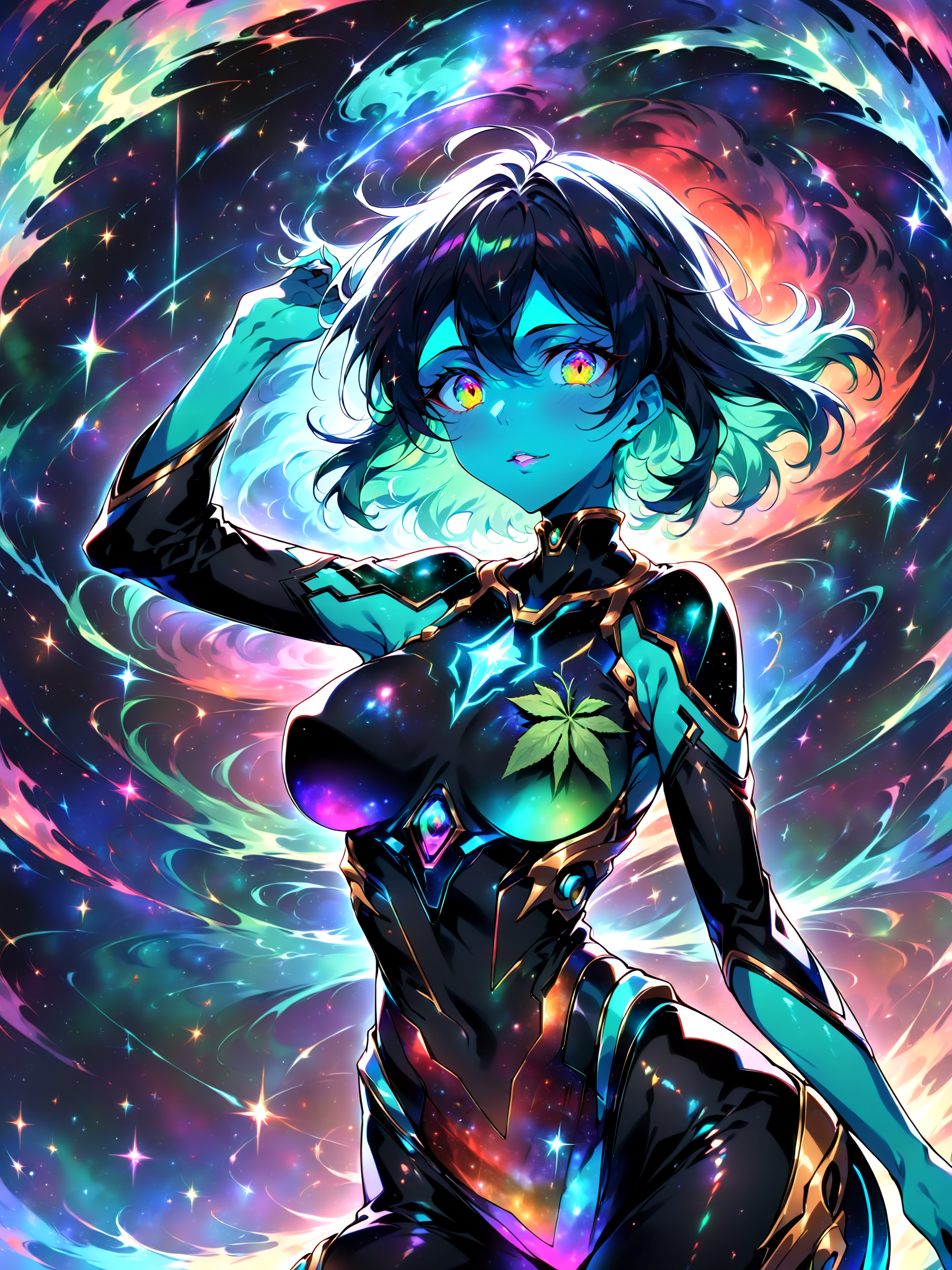 anime, masterpiece, best quality, 1girl, mature female, hair made of out space particles, teal skin, multicolored eyes, medium breasts, very detailed, high resolution, sharp, sharp image, 4k, 8k, masterpiece, (cannabis leaves:0.7), best quality, high contrast, <lora:SDXLFaeTastic2400:1>