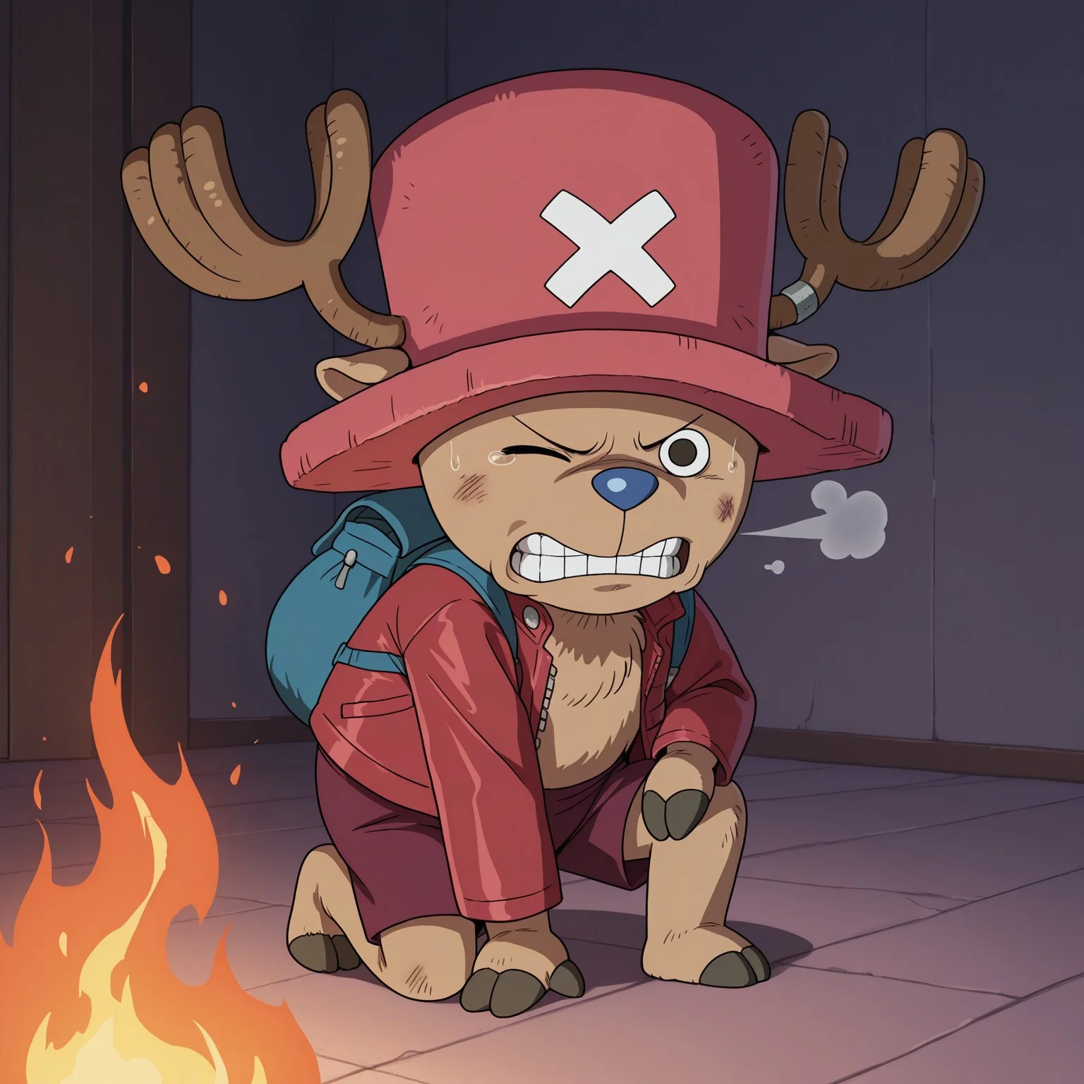 best quality, amazing quality, very aesthetic, absurdres, newest, masterpiece, Solo, 2d, 1boy, OPChopper, male, brown fur, reindeer, antlers, light red top hat, white X on hat, maroon shorts, blue nose, black eyes, animal ears on hat, blue backpack, dark red leather jacket
BREAK inside, indoors, serious expression, gritting teeth, injured, bruises, on one knee, fire in background, smoke, bruises, one eye closed,
