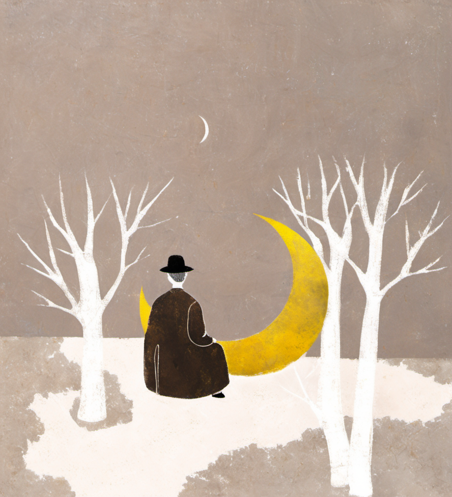 abstract art, surrealism, person seated, crescent moon, white trees, nature, minimalist, muted color palette, simplistic design, artistic illustration, whimsical, imaginary setting, solitude, dreamlike, foliage, hat, long coat, shadowy figure, solitary figure, minimal details, texture, fantasy, fantasy elements, contemplative mood, imaginative, poetic, pastel backdrop,<lora:æ²»æ-000006:1>,