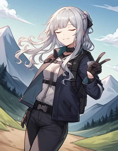 score_9, score_8_up, score_7_up, source_anime, <lora:girlsfrontline-ak-12-ponyxl-lora-nochekaiser:1>, ak-12, ak-12 (girl's frontline), closed eyes, grey hair, long hair, bangs, pale skin, straight hair, curly hair, braid, french braid, sidelocks,, belt, black gloves, black jacket, black pants, collar, gloves, jacket, jacket on shoulders, long sleeves, open clothes, open jacket, pants, underbust,, mountain trail, hiking, nature, backpack, adventure, fresh air, smile, v, v over eyes,, looking at viewer, solo,, dutch angle, cowboy shot