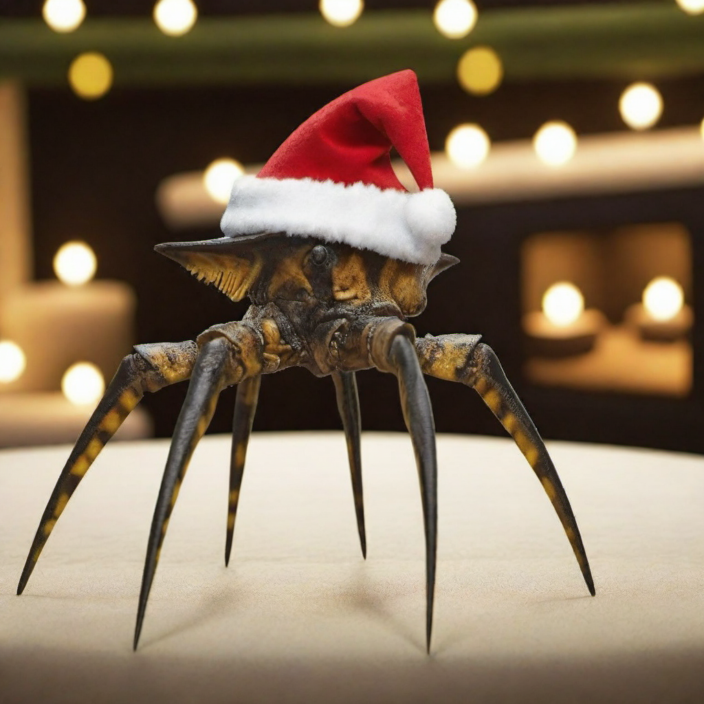 a bug wears a santa hat, christmas scenery, livingroom, fireplace, features intricate detail, detailed eyes, highly detailed, photography, ultra sharp, film, bokeh, professional, 4k  <lora:Starshiptrooper1024-000477:0.8> <lora:lcm_lora_sdxl:1> <lora:add-detail-xl:1>