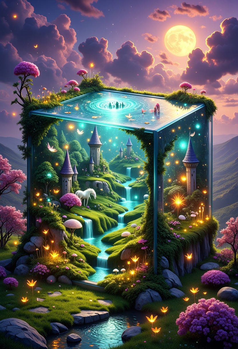 A breathtaking fantasy world hidden inside a massive, cube-shaped glass fortress. The walls of the fortress are made of transparent crystal, allowing a clear view of the lush, verdant landscape within. This hidden realm is a magical kingdom, where towering stone castles rise from the rolling hills, their spires glistening under the golden light of a radiant sun. The landscape is dotted with enchanted creatures—glistening unicorns, flying phoenixes, and shimmering butterflies that flutter around the delicate glass walls. The fortress itself is overgrown with thick, vibrant green grass and creeping ivy, as if nature itself has embraced this once-impervious structure. The glass walls glow softly, reflecting the beauty of the fantastical world inside. The sky within is an otherworldly hue, a mixture of twilight purples and blues, adding a mystical, serene atmosphere to this hidden sanctuary. It's a place where time flows differently, a peaceful kingdom protected by the transparency of its walls and the enchanting power of nature.