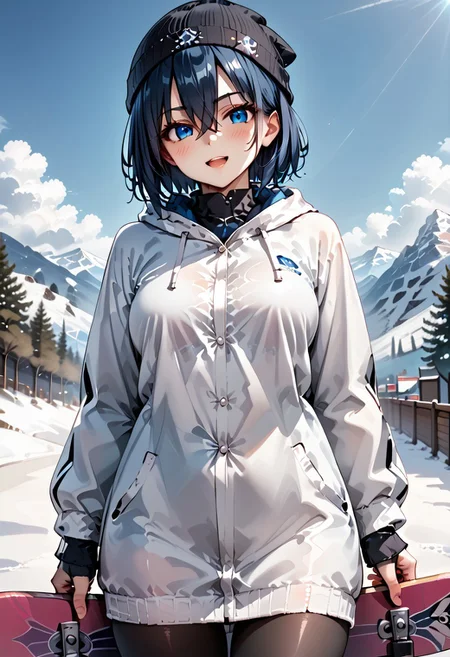 score_9, score_8_up, score_7_up, score_6_up, score_9, score_8_up, kaede (1girl, blue eyes, dark blue hair, blush, big tits, hair between eyes, short hair).
(smirk:0.9), (open mouth:0.9), cute,
beanie, gloves, snowboarding, leaning back,
(snowboard:1.1), slope, at snowy mountain, day,
sharp focus, looking at viewer, from below, motion blur, depth of field, (intricate:1.1), (white tone:1.1), (pale blue tone:0.9), (white atmosphere:1.1),
llustration, (anime coloring:1.1), high contrast,
(masterpiece:1.2), (best quality:1.2), (very aesthetic:1.2), (absurdres:1.2), (detailed background), newest, ai-generated, (intricate details:1.2).