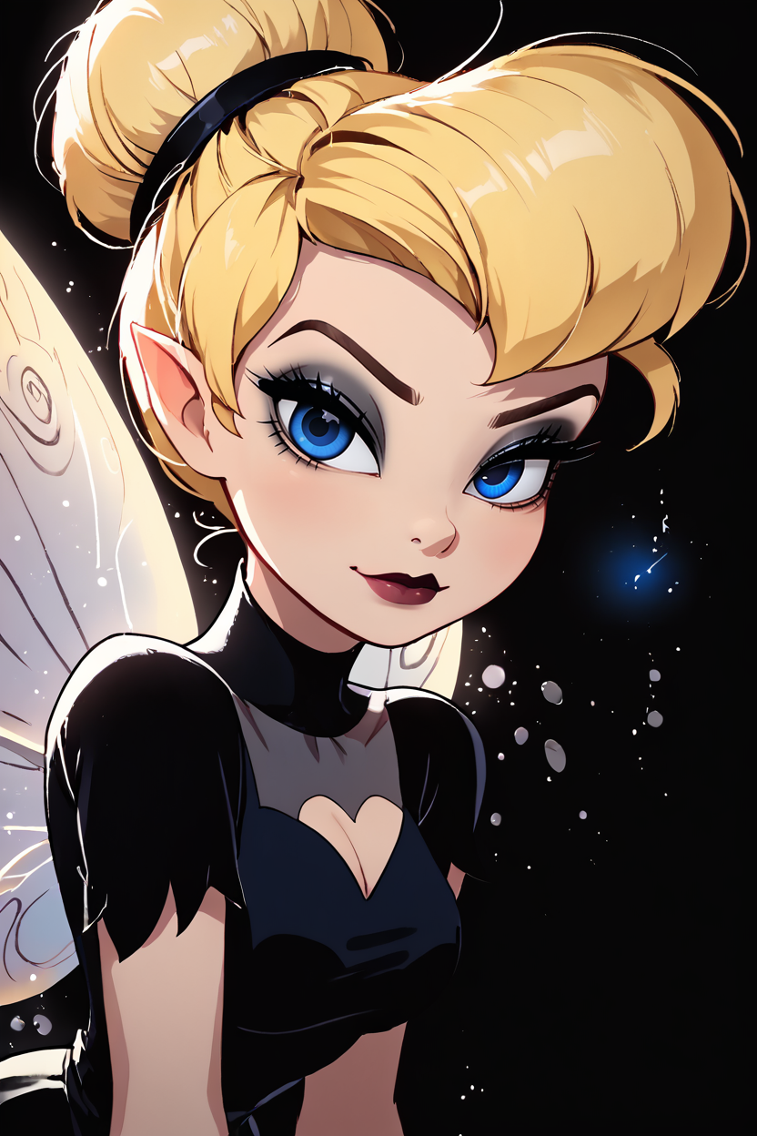 <lora:KuroCAT_Style:1>,  high resolution, highly detailed, perfect lighting, beautiful detailed eyes,   upper body, black background, 1girl, solo, looking at viewer,   TinkerWaifu, magic particles, leaning forward, medium breasts, narrow waist, fairy wings, blonde hair, blue eyes, goth, black dress, eye shadow, sexy, hair bun, disney style, looking at viewer, <lora:tinkerbellPonyXL_character-10:0.8>