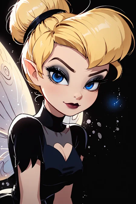 <lora:KuroCAT_Style:1>, high resolution, highly detailed, perfect lighting, beautiful detailed eyes, upper body, black background, 1girl, solo, looking at viewer, TinkerWaifu, magic particles, leaning forward, medium breasts, narrow waist, fairy wings, blonde hair, blue eyes, goth, black dress, eye shadow, sexy, hair bun, disney style, looking at viewer, <lora:tinkerbellPonyXL_character-10:0.8>
