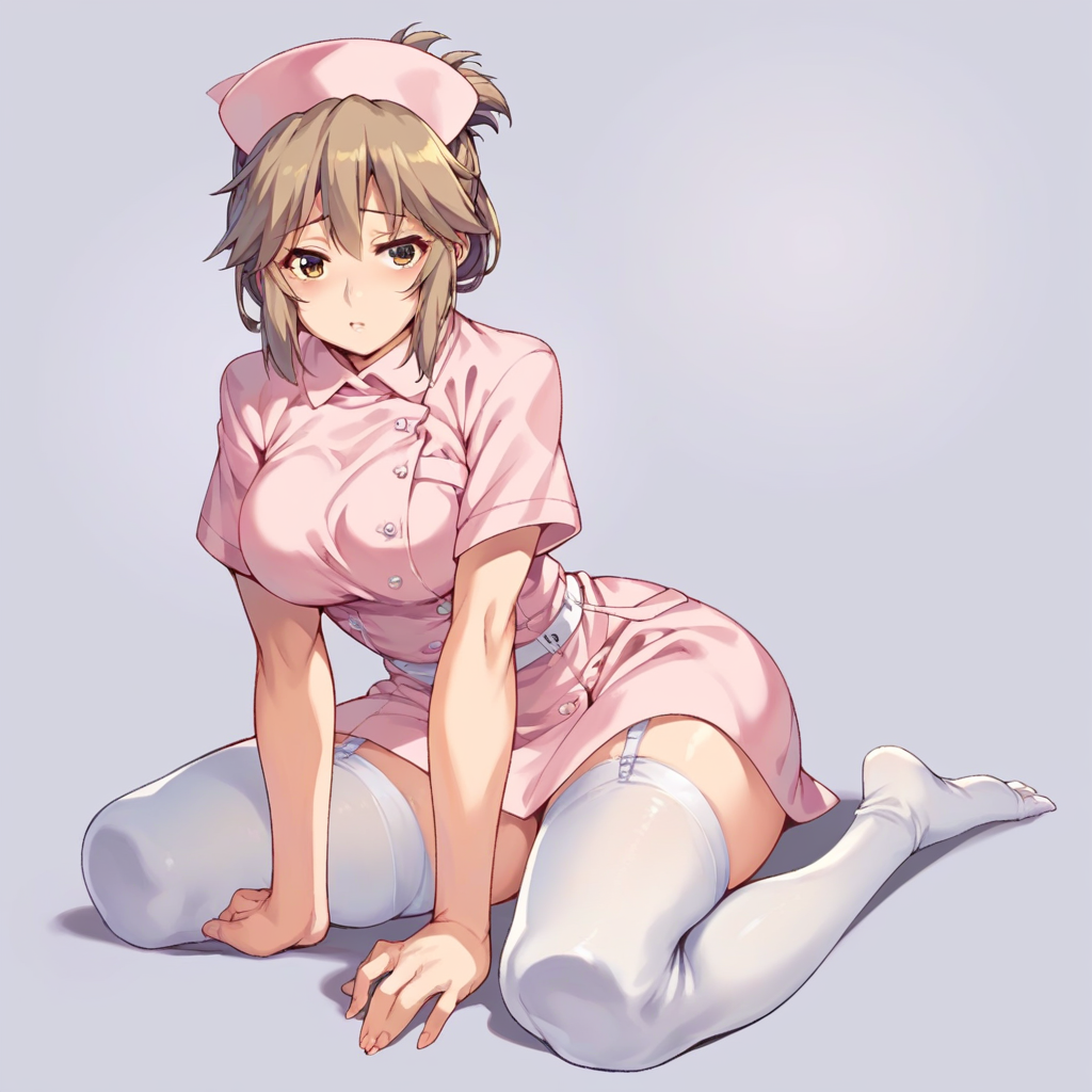score_9, score_8_up, score_7_up, score_6_up, score_5_up, score_4_up,
simple background, 
1girl, akagi mio, pink nurse, updo, white thighhighs, garter straps, no shoes,
 <lora:akagi_mio_pony_v1:1>