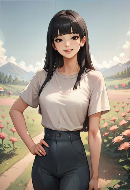 Score_9, score_8_up, score_7_up, score_6_up, score_5_up, score_4_up, Himari, smile, background, flowerfield, black hair, hand on hip, <lora:Himari>