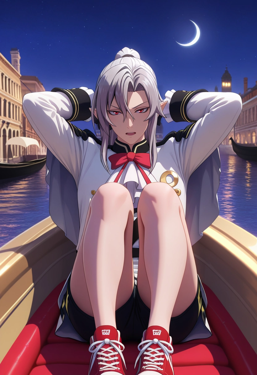 masterpiece, best quality, , (3d:0.4), looking at viewer, 1boy, solo, male focus, <lora:ferid_bathory_ilxl:0.96>, ferid_bathory, grey hair, red eyes, long hair, hair between eyes, pointy ears, ponytail, white jacket, red bowtie, ascot, close-up, venice, gondola ride, night, crescent moon, arms above head, speaking, talking, Striated Poplin Track shorts with mesh panels, Red Harlequin Chenille Cargo shirt, Suede sneakers, ,
