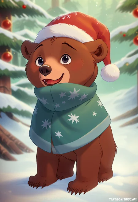 score_9, score_8_up, score_7_up, masterpiece, best quality, magical landscape with enchanted elements, fantasy art style, Christmas theme, intricate details, ultra sharp, exquisite detail, flawless composition, vivid colors, masterpiece, exciting background, Christmas tree, Christmas,winter forest, BeverlySF, detailed fur, santa hat, christmas critters, Koda, Brother bear, cute