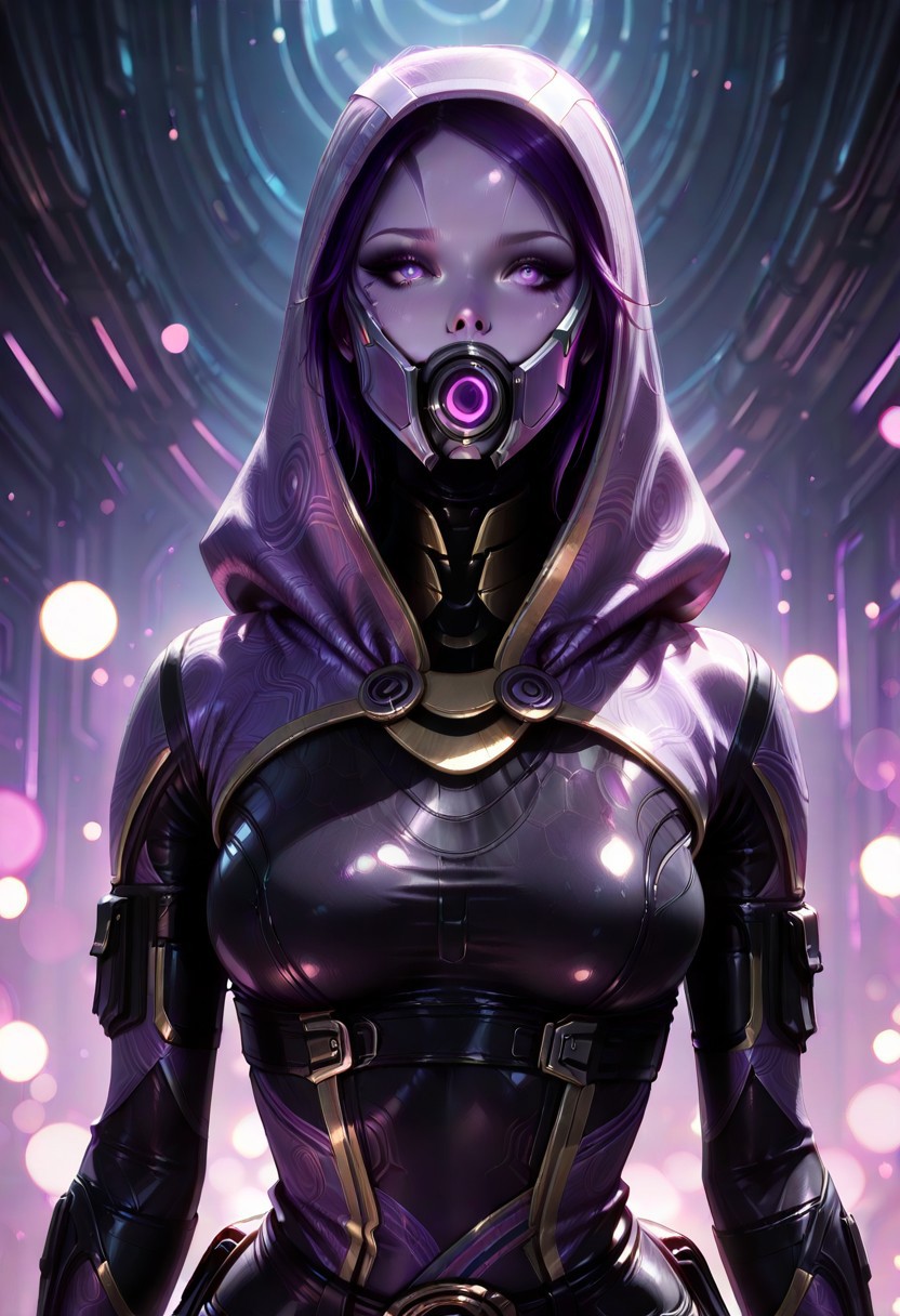 masterpiece, best quality, amazing quality, dynamic view, looking_at_viewer, 1girl, 
masterpiece, best quality, bokeh, luminescent background,
(  talizorah,, 
quarian, purple skin, purple eyes, purple hair, short hair, purple lips, medium breasts,,
 bodysuit,black bodysuit,  purple bodysuit, hood, hood up, helmet, mask, see-through mask, purple visor,  boots, glowes, belt, )
portrait, happy