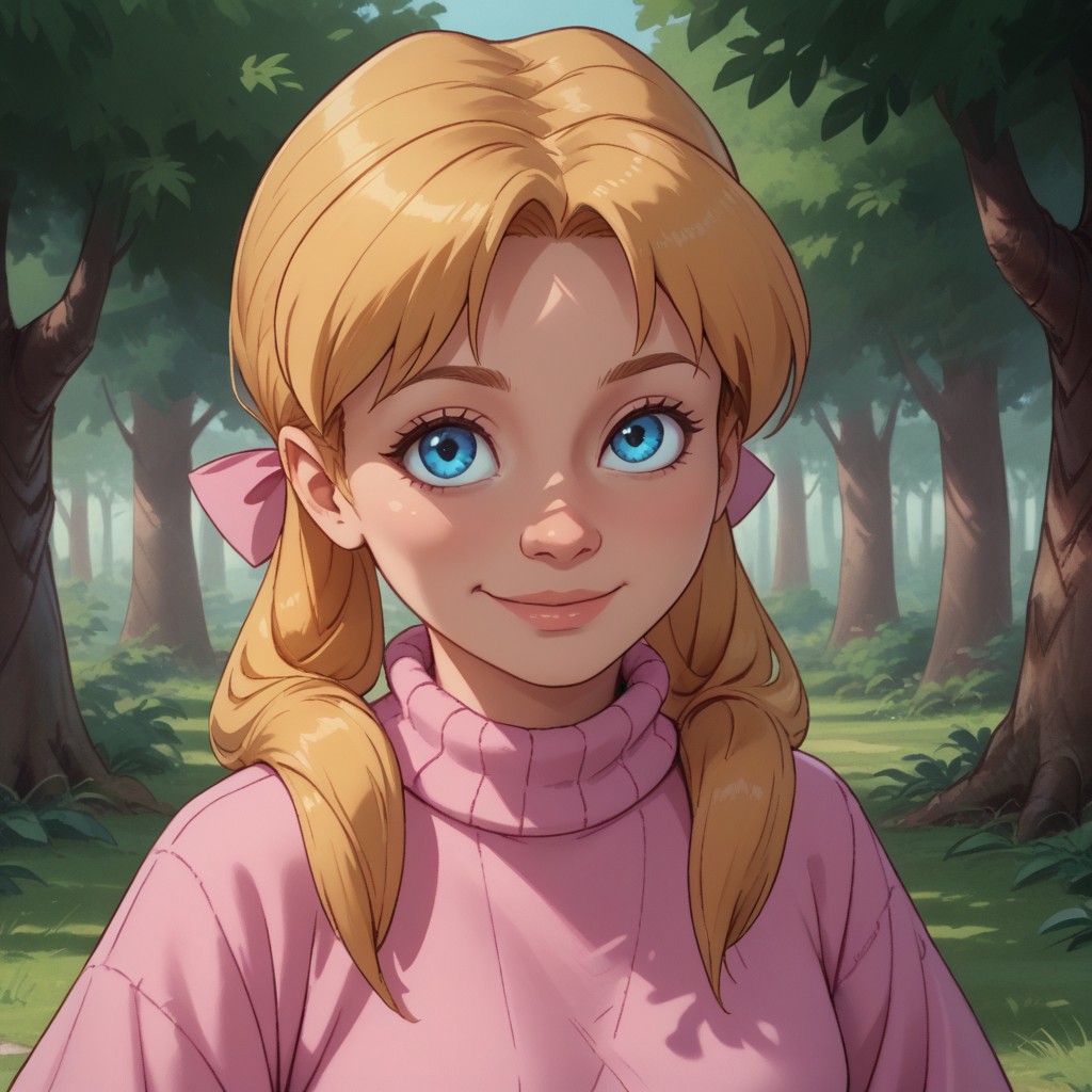 score_9, score_8, BREAK, solo, Kim_Cherrywood_(The_Care_Bears_Movie), 1girl, blue eyes, blonde pigtails, pink sweater, pink bows, blue jeans, pink shoes, self portrait, smile, looking at viewer, outdoors, sunlight, shadows, evening lighting, natural lighting, forest, trees, grass, orange sky, sunset