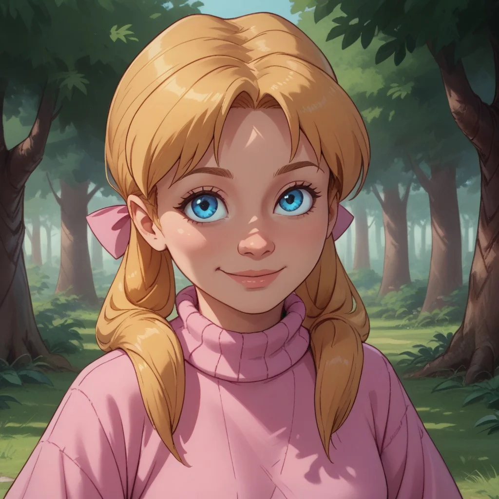 score_9, score_8, BREAK, solo, Kim_Cherrywood_(The_Care_Bears_Movie), 1girl, blue eyes, blonde pigtails, pink sweater, pink bows, blue jeans, pink shoes, self portrait, smile, looking at viewer, outdoors, sunlight, shadows, evening lighting, natural lighting, forest, trees, grass, orange sky, sunset