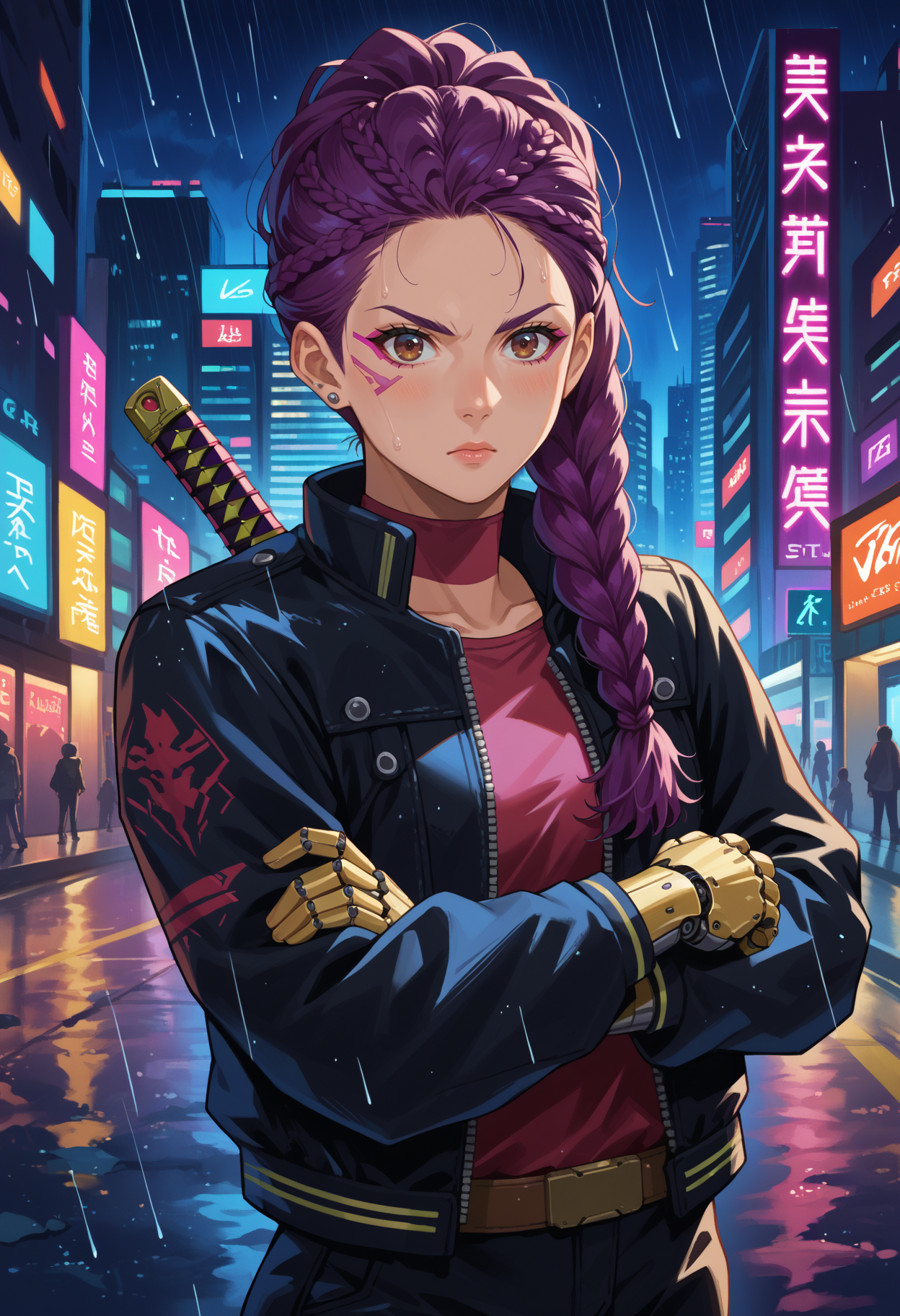 score_9, score_8_up,score_7_up, source_anime, 1girl, solo, <lora:EPfePetra:1>, 
EPfePtr, brown eyes, long hair, purple hair, single braid, braided ponytail,
 cyberpunk, neon lights, katana, black leather jacket, cybernetic arm, cityscape, rain, night, glowing tattoos, piercings, combat stance, fierce, dystopian, high-tech, futuristic, visor, street fight