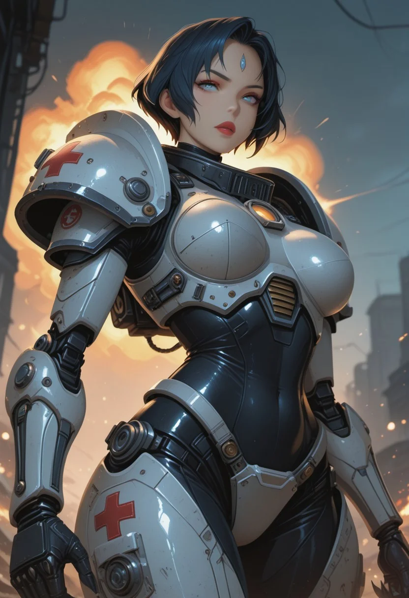 ultra realistic, masterpiece, high detailed skin, best quality, high res, very aesthetic, anime style, studio anime, source_ecchi, anime, (finely detailed face), (petite body:1.3), <lora:Majin_Kesselring_2_nai-000055:1>,Majin Kesselring, blue forehead jewel, sharp fingernails, eyelashes, large breasts, makeup, smokyeyes, mascara, puffy lips, glossy red lipstick, cinematic film still of a female combat-medic (space-marine:1.4), heavy white armor with red cross symbol and the words "medic", (motion-blur:1.4), running through a battlefield, explosions, tracer-shots, warhammer 40000, sci-fi, futuristic, dystopian future, technology, in the style of michael bay, in the style of zack snyder, in the style of christopher nolan, epic. orange & teal tones, shallow depth of field, vignette, highly detailed, high budget Hollywood movie, bokeh, cinemascope, moody, epic, gorgeous, film grain, grainy, foreshortening, lascivious pose, creating a peaceful and tranquil atmosphere, (blurry background, depth of field:1.1), dynamic dutch angle, bright colors, stunningly artwork, close-up cowboy shot from below,