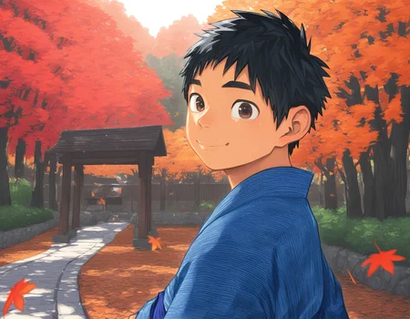 masterpiece, shounenzoom-style, 2020s, outdoors, autumn, trees, autumn leaves, japanese garden, sunlight, from side, upper body, 1boy, solo, black hair, brown eyes, beautiful eyes, japanese clothes, yukata, smile, looking at viewer <lora:shounen_zoom-naixl_vpred-v7Nd-ShoAI:1>