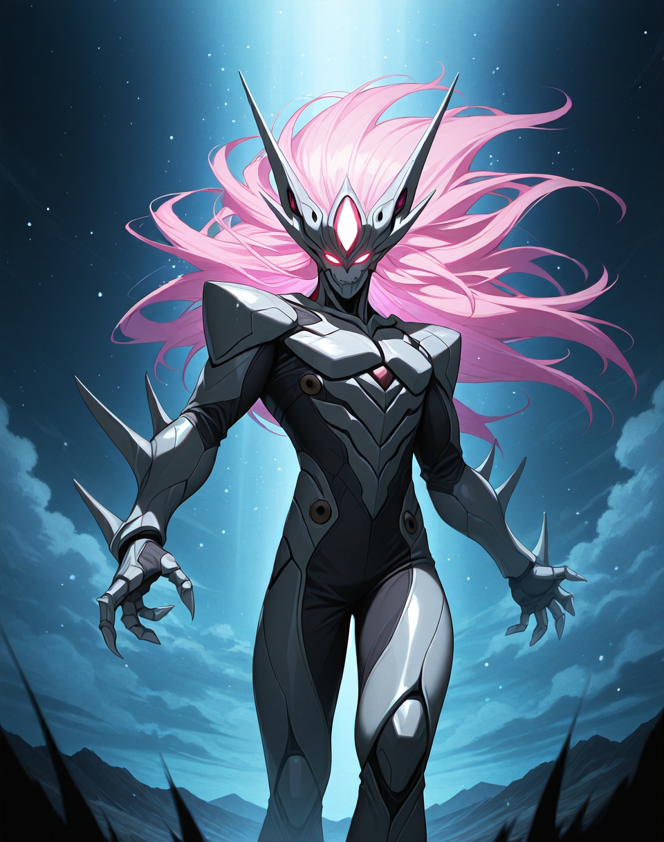 8K, In'ei, chiaroscuro, volumetric lighting, perfect depth of field shot, masterpiece, beautiful, sharp focus, crisp details, masterclass animation, source_anime, masterclass anime, masterclass color theory, bright vivid colors, 
<lora:Zoalord_(Guyver)_(Illustrious)_(AD):1> Zoalord, Guyver, monster, 
exterior, science fiction, dark and gritty high science fiction, sky with anime clouds, in a valley, soft anime style background, 
dynamic action, dynamic perspective, bent knee, cowboy shot, 
white body and skin, glowing eyes, solo, source_guyver, evil villain, eccentric style head, long flowing pink hair, 
BREAK Smooth Quality, IllusP0s, lazyhand, lazympos, lazynsfw,