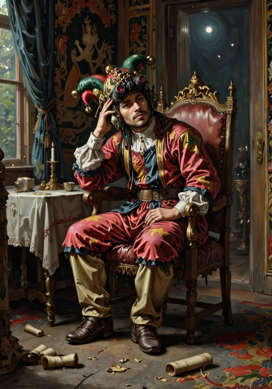 a detailed high renaissance oil painting of A contemplative jester wearing on head n0ds dual-tube panoramic optical device two cylindrical red lenses attached to the front of the red and gold helmet with integrated hearing protection seamlessly integrated into his traditional jester's outfit. and his cap n bells, seated in a richly detailed interior, directly inspired by Jan Matejkoâs painting of StaÅczyk. He is wearing n0ds on his head, The jester's vibrant red and gold costume, adorned with intricate patterns and bells, contrasts sharply with his melancholic expression as he sits slouched in a wooden chair, one elbow resting on the armrest and his hand supporting his head in thought. Behind him, the room is dimly lit by a single candle on a table, and the muted colors of a tapestry hanging on the wall add depth to the setting. A crumpled scroll lies at his feet, symbolizing a message ignored or forgotten, while an open door in the background reveals the faint light of festivities beyond, creating a stark contrast to the jesterâs reflective solitude.<lora:n0ds_epoch_23.safetensors:1.0:1.0>