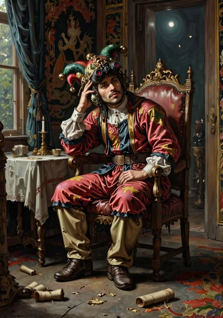 a detailed high renaissance oil painting of A contemplative jester wearing on head n0ds dual-tube panoramic optical device two cylindrical red lenses attached to the front of the red and gold helmet with integrated hearing protection seamlessly integrated into his traditional jester's outfit. and his cap n bells, seated in a richly detailed interior, directly inspired by Jan Matejkoâs painting of StaÅczyk. He is wearing n0ds on his head, The jester's vibrant red and gold costume, adorned with intricate patterns and bells, contrasts sharply with his melancholic expression as he sits slouched in a wooden chair, one elbow resting on the armrest and his hand supporting his head in thought. Behind him, the room is dimly lit by a single candle on a table, and the muted colors of a tapestry hanging on the wall add depth to the setting. A crumpled scroll lies at his feet, symbolizing a message ignored or forgotten, while an open door in the background reveals the faint light of festivities beyond, creating a stark contrast to the jesterâs reflective solitude.<lora:n0ds_epoch_23.safetensors:1.0:1.0>