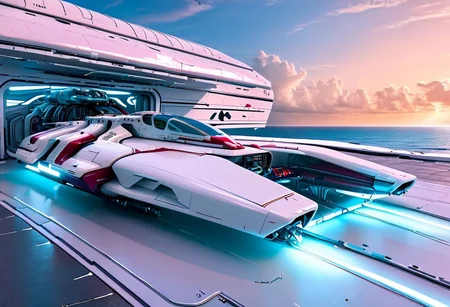 photograph, a clean hangar, door open, tropical island, ocean, beach, (smooth, sleek, neotech white and red (WipEout anti-gravity craft), (split-front:1.3), parked in a hangar):2, blue sky, sunset, sharp, high detailed, realistic, scifi, futuristic, science fiction, sharp focus, masterpiece, best quality