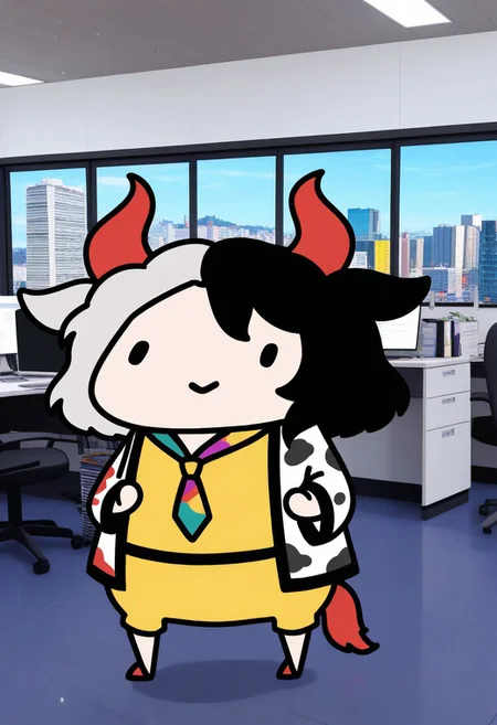 chibi, dot eyes, full body,
ushizaki_urumi, split-color hair, (colorful_necktie:1.3), c:,
photo_background, office,
masterpiece, best quality, absurdres, [dynamic pose]