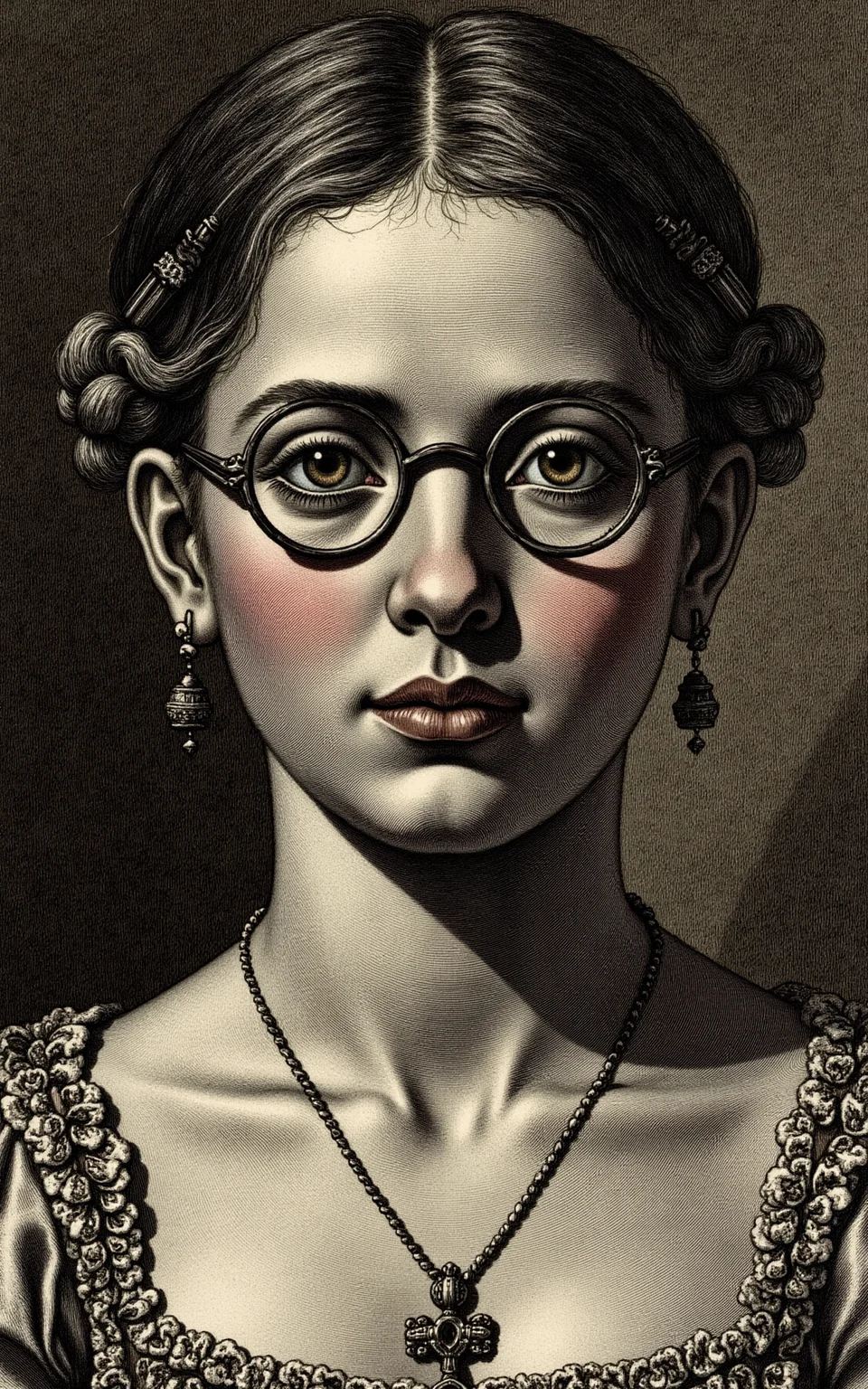 YFG-Pira, A close-up portrait of a bespectacled young woman with a stern expression, her features defined by deep, cross-hatched lines and subtle gradations of gray, rendered in the style of Giovanni Battista Piranesi's etchings, with intricate details of her intricately laced 18th-century dress, worn and faded from years of use, set against a warm, muted background that subtly conveys the presence of a dimly lit interior.