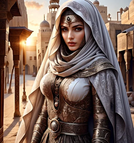 RAW photo, (masterpiece:1.3), subsurface scattering, heavy shadow, (high quality:1.4), (intricate, high detail:1.2), professional photography, HDR, High Dynamic Range, realistic, ultra realistic, photorealistic, high resolution, film photography, ambient lighting, atmospheric effects, <lora:detail_slider_v4:2>, OverallDetail, female! tuareg warrior with a (veil:1.3) covering the face, wearing arabian armor, cloak, belt, ArAr, <lora:ArabianArmor-10:0.7>, in a street with arabian houses, arto, <lora:ArabianTown-10:0.8>, ((perfect hands)), epiCPhoto