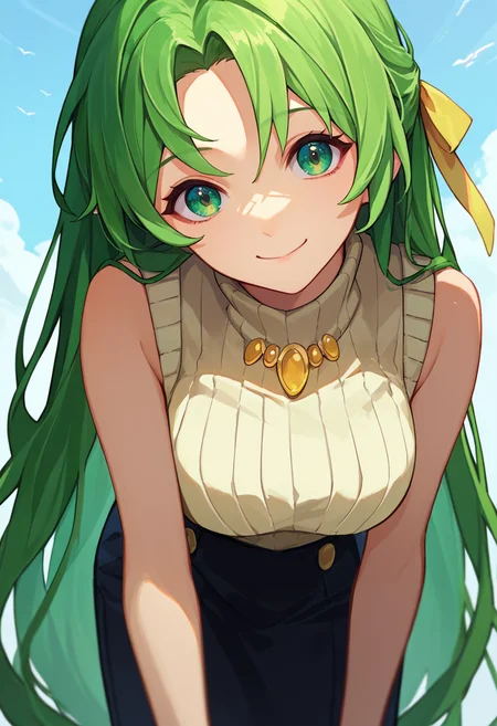 score_9, score_8_up, score_7_up, source_anime, 1girl, ShionSW, green hair, long hair, green eyes, hair ribbon, white turtleneck sweater, black skirt, yellow necklace, sleeveless, bent over, looking at viewer, front view, smile, closed mouth, <lora:Shion DORA test-000008:1>