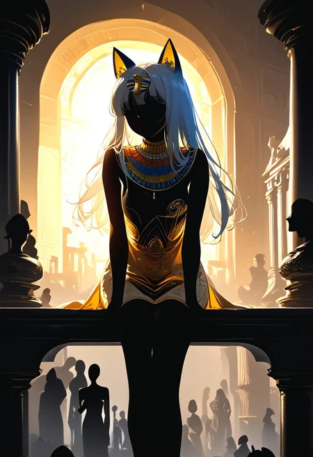 (masterpiece, best quality), (score_9, score_8_up, score_7_up,source_anime), 4K8K, high res image, Uncorrected, white print, lineart print, print, 
from front, upperbody, portrait, 
Ankha_(Animal_Crossing), (solo:1.3), 
(animals), silhouette, backlit, backlighting, dark night, Porcelain Mix Gold, pmg style, 
(golden lines, white silhouette skin, Skin like porcelain), 
sitting, bent over, spreading legs, Arms between legs, Porcelain wall, (small stature, petite:1.3), (breasts:1.1), (white hair, verry long hair, cat ears),
(wearing Porcelain clothing, Porcelain Egyptian-style dress),