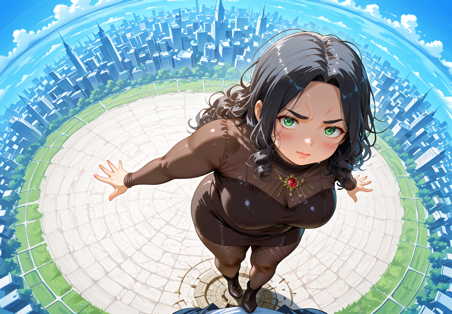 IllusP0s, PonyScores7, source_anime, ah1, IllustriousQual, interesting, exciting, spectacular, wonderful, 
BREAK <lora:xl_more_art-full_v1:0.2>, <lora:aesthetic_anime_v1s:0.2>, <lora:EpicF4nta5yXL:0.2>, <lora:detailxl:0.2>, detailxl, <lora:Fant5yP0ny:0.2>, amazing quality, best aesthetic, absurdres, illustration, Volumetric_Lighting, ultra-detailed, very aesthetic, intricate details, best_quality, <lora:Anime_Aesthetic_Wallpaper_StyleIllustriousXL:0.4>, aniwall,
BREAK ((Balancing on one foot with the other leg extended, forming a graceful line)),
BREAK Stable_Yogis_PDXL_Positives, AS-Adult, <lora:Complicated fantasy portrait - XL Pony V2.0:0.2>, bad-hands-5, <lora:HDA_Detailer:0.3>, <lora:natsumi_style:0.5>, <lora:by_usakun-pony:0.4>, by usakun, <lora:Akina_Bbw_Style_-_PonyXL:0.2>, AkinBw, ((Ground level, (from above), medium distance from viewer)),
BREAK 1girl, mature female, (curvy), round-chin, caucasian, <lora:ETO_OC_Illustrius:0.5>, eto_oc, skindentation, (plump), thick thighs, wide hips, busty, voluptuous, <lora:venus body PonyXL:0.3>, <lora:shinyskin2:0.2>, glistening skin, HDA_FatGirlXL, 
BREAK ((cedar chest a daring outfit with a tight mesh dress layered over a fitted bodysuit, paired with fishnet tights pantyhose and high-heeled ankle boots, The look is edgy and provocative, perfect for a club)),
BREAK (curly hair), long hair, (black hair:1.4), (parted hair:1.7), messy hair, kinky curls, <lora:hairdetailpxl:0.2>, hairdetailpxl,
BREAK (half green and brown eyes), (colorful eyes), (multicolored eyes), (downturned eyes:1.4), <lora:expressive eyes:0.2>, expressive eyes, <lora:eyedetailpxl:0.2>, eyedetailpxl, <lora:Eyes_High_Definition:0.2>, EyesHD, (round face:1.2), (thick eyebrows:1.3), (plump face), <lora:Round_face:0.2>, lips, 
BREAK ((Worried, Furrowed eyebrows knitted brows furrowed forehead indicating concern or anxiety expression)), <lora:Expressive_H:0.2>, Expressiveh, <lora:Emotional_Anime_Expressions_PonyXL_Concept:0.2>, emotional, <lora:Best_Facial_Expression_LoRA_PONY:0.2>, looking at viewer, <lora:Detailed expressive EXEV style -XL Pony V1.0:0.2>, FaceDetail, <lora:Best_Facial_Expression_Helper_XTREME_ILLU:0.4>, kaogei,
BREAK (((The City of Glas))), <lora:Background Detailer - SDXL:0.8>, 4k, 8k, Ultra HD, Masterpiece, Best quality, Detailed background, <lora:Add_more_details_V2_XLpony:0.4>, full_details, <lora:background-architecture-v1-1:0.4> architecture background,