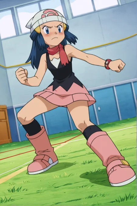 score_9, score_8_up, score_7_up,anime_source, source_anime, best background, detailed background, anime screencap, Dawn, Main outfit, indoors, blush, dynamic angle, dynamic pose, full body, fighting, tsundere, summon magic, <lora:Dawn:0.8>