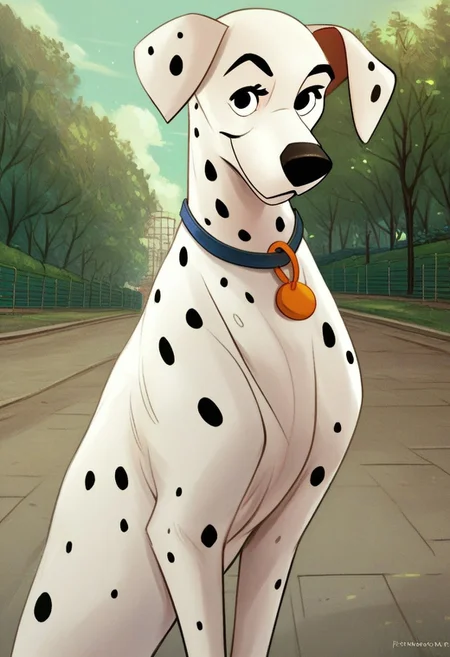 score_9, score_8_up, score_7_up, score_6_up, score_5_up, score_4_up, solo, perdita101, dog, dalmatian, standing, looking at viewer, park, outside