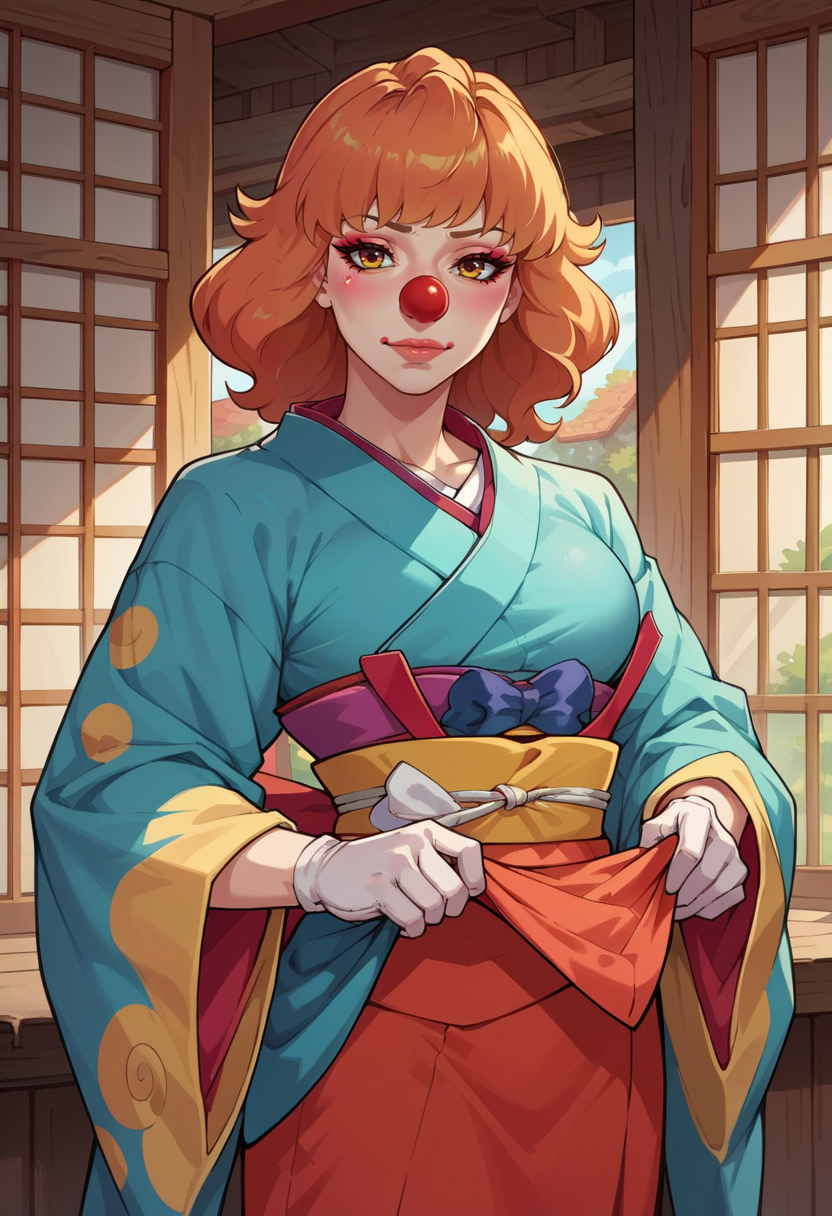 absurdres,high quality,score_9, score_8_up, score_7_up, score_6_up, score_5_up, score_4_up, BREAK source_anime, <lora:edgClussyPonyv1:1> wearing edgClussy, red clown nose  kimono lift