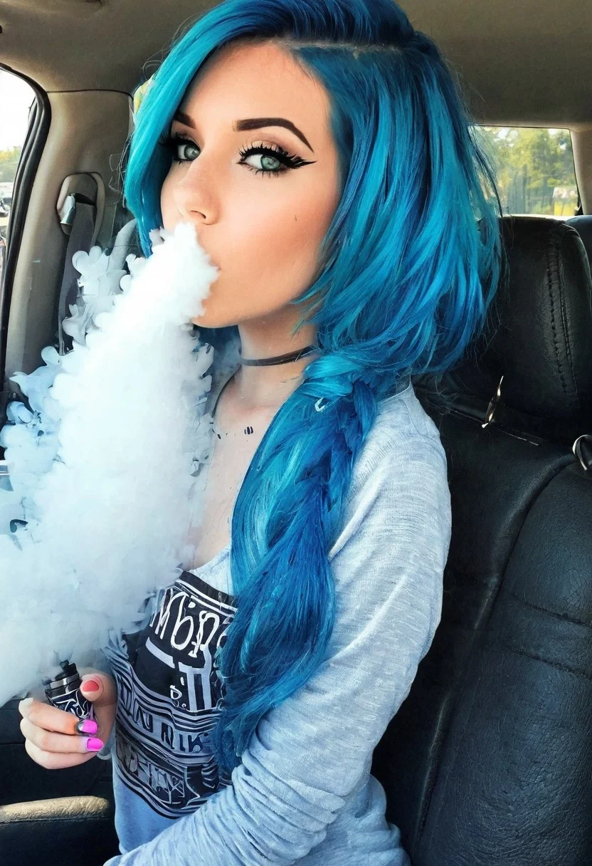 VapeXL, Girl, eyeliner, blue hair, blowing smoke <lora:VapeXL-08:1.0>