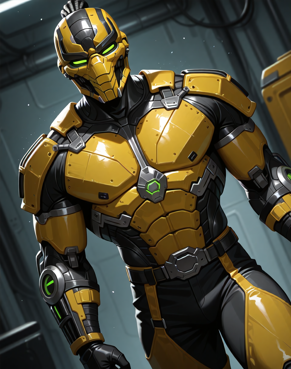 <lora:Cyrax_(Mortal_Kombat)_(Illustrious)_(AD):1> Cyrax, robot, Mortal Kombat, 
dutch angle, interior, underground robotic laboratory, 
male chest focus, gradient coloring, villain, end boss, overpowering, 
BREAK very awe, aesthetically pleasing, masterpiece, best quality, amazing quality, very aesthetic, perfect depth of field shot, in'ei,
Smooth Quality, lazympos, IllustQualXL_Pos,