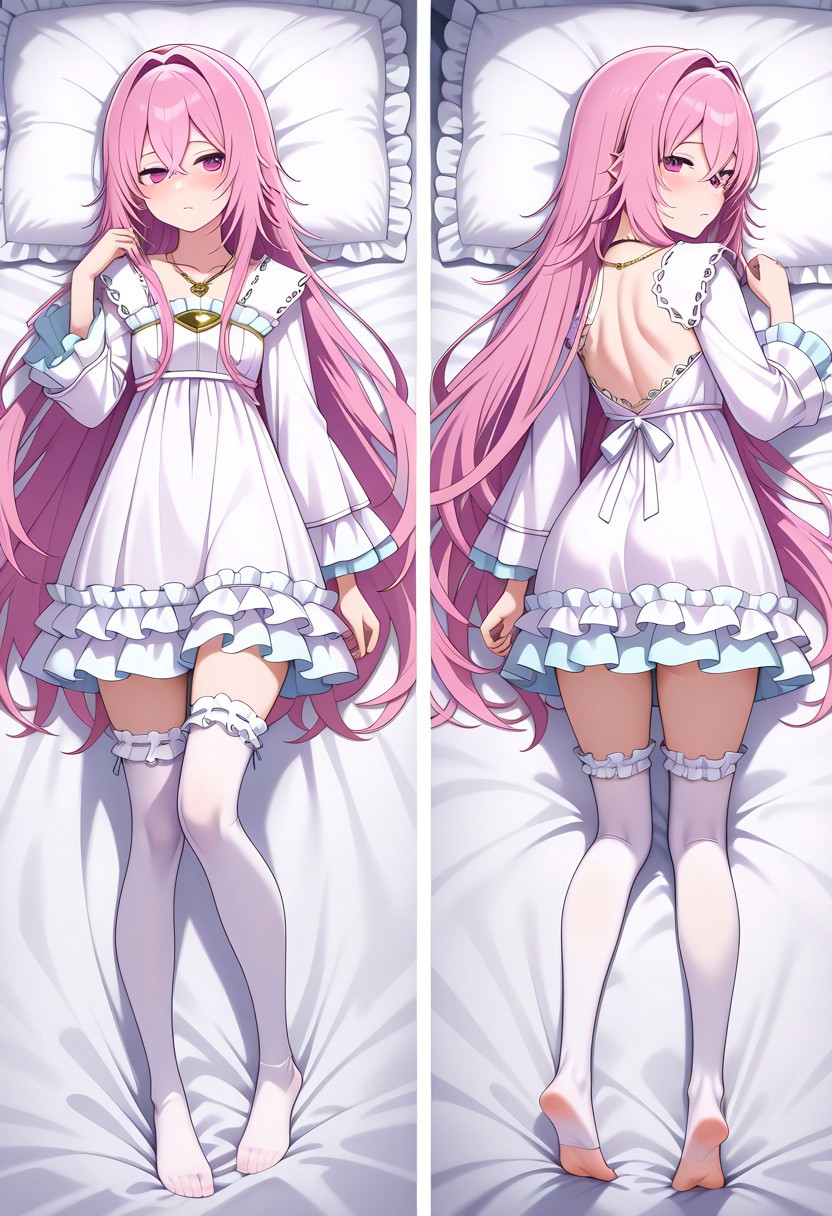masterpiece,best quality,amazing quality,very aesthetic,absurdres,newest, huge filesize,
<lora:spo_sdxl_10ep_4k-data_lora_webui:0.5>,
<lora:add-detail-xl:1>
<lora:Dakimakura_IL_v1:1> dakimakura,  front view, back view,full body, looking back, 
BREAK
aishia, very_long_hair, pink_hair, hair_between_eyes, hair_intakes, purple_eyes, pink_eyes, frilled_dress, long_sleeves, frills, by_nekoi_(nekoi_0116), flat_chest, jewelry, toes, 1girl, feet, thighhighs, necklace, backless_outfit, soles, looking_back, solo, looking_at_viewer,exhausted, dakimakura
