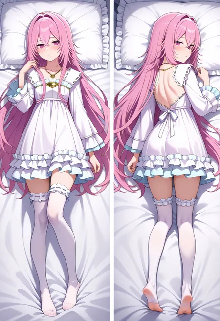 masterpiece,best quality,amazing quality,very aesthetic,absurdres,newest, huge filesize,
<lora:spo_sdxl_10ep_4k-data_lora_webui:0.5>,
<lora:add-detail-xl:1>
<lora:Dakimakura_IL_v1:1> dakimakura, front view, back view,full body, looking back,
BREAK
aishia, very_long_hair, pink_hair, hair_between_eyes, hair_intakes, purple_eyes, pink_eyes, frilled_dress, long_sleeves, frills, by_nekoi_(nekoi_0116), flat_chest, jewelry, toes, 1girl, feet, thighhighs, necklace, backless_outfit, soles, looking_back, solo, looking_at_viewer,exhausted, dakimakura