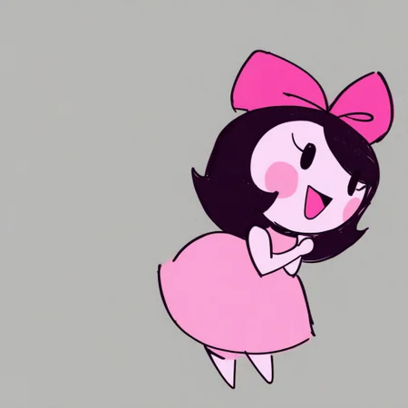 Score_9, score_7, score_7, GrlTwnsomn, 1girl, human, female focus, solo, 2d art, digital art, 2d, cartoon, cartoon style, cartoonish, smooth lines, solo, light pink skin, white skin, colored skin, standing, sleeveless dress, pink dress, Bouffant dress, flat colors, minimalist design, wide hips, pink bow, bow on head, large bow, cute girl, cute, cute artstyle, round head, open mouth, tongue, pink blush, blush on cheeks, smiling, happy, dot eyes, dotted eyes, black eyes, small breasts, eyelashes, medium size hair, black hair, bob hair, slender arms, slender legs, small hands, petite feet, bold black outlines, vibrant colors