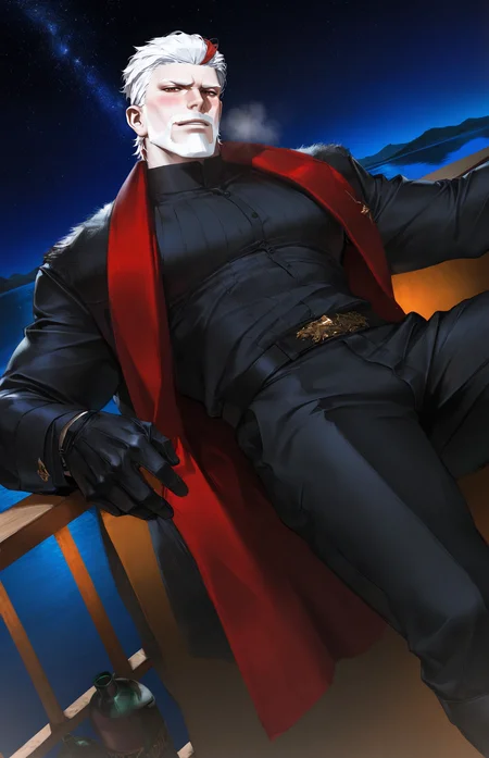 realistic shading,expressive face,looking at viewer,1boy,beard,white hair,facial hair,beard,mature male,mustache,short hair,red eyes,gloves,black footwear,black gloves,<lora:MORIIIL:0.8>,Black inner,old,aged up,manly,dynamic angle,masterpiece,best quality,dynamic angle,intricately detailed illustration,masterpiece,best quality,amazing quality,very aesthetic,absurdres,newest,sikin tight,pantyhose,starry_sky,lake,night,tight,leather,leaning,heavy_breathing,moaning,slender_waist,blush,embarrass,endured_face,exhausted,, score _9,score_8_up, score_7_up,source_anime,rating_explicit,