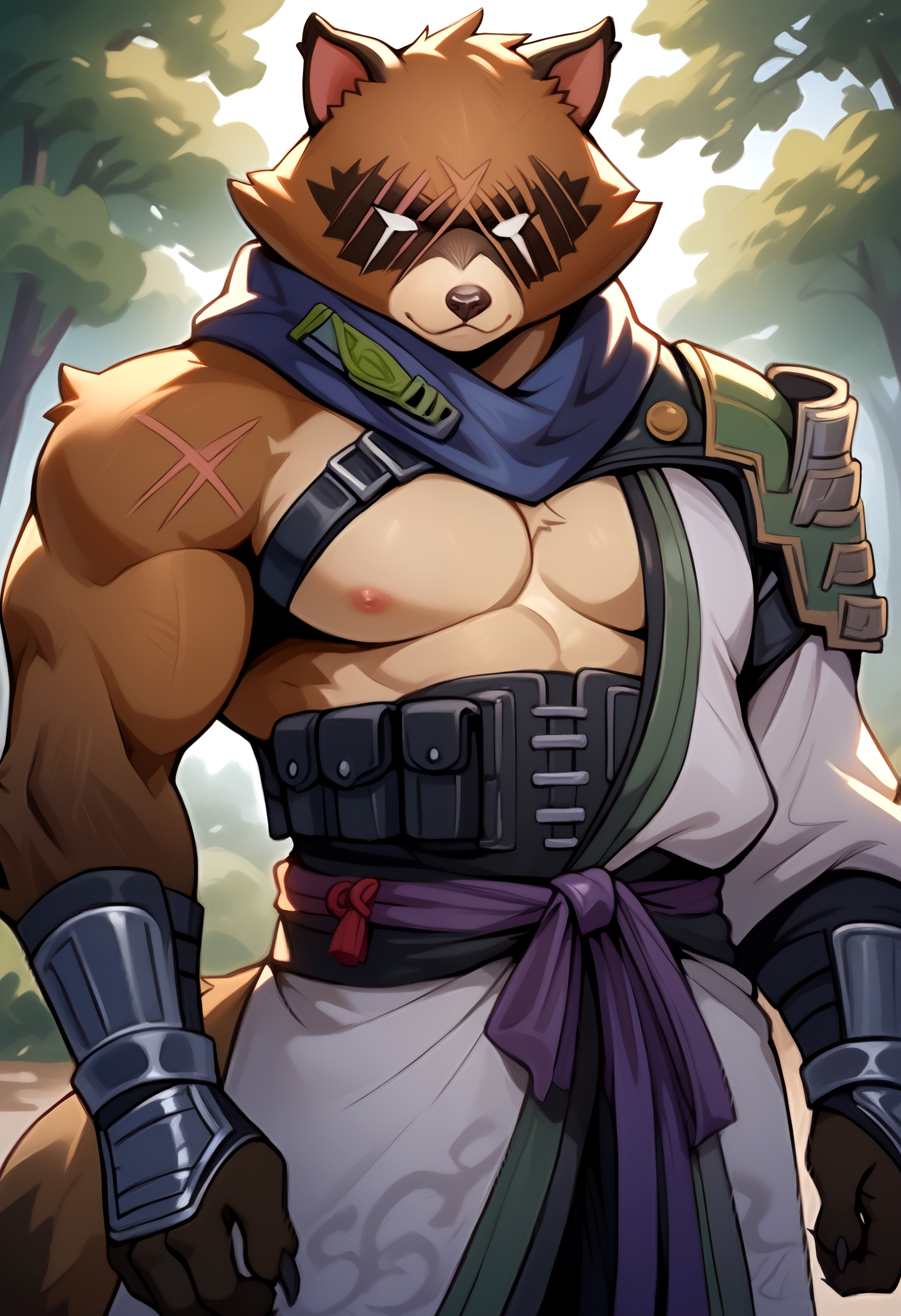 score_9, score_8_up, score_7_up, 8k, detailed background, masterpiece, anthro only, furry only,  1boy, solo,  ((close up:1.2)),  <lora:HajimePony-000005>, Hajime_(Fortnite), no pupils, armor, gauntlet, japanese armor, japanese clothes,  white hadanugi dousa, purple neckerchief, muscular male, looking at viewer, happy,  outside, forest,
