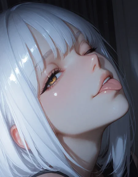 masterpiece, best quality,high quality, newest, highres, 8K, HDR, absurdres, very awa, newest, close-up face, 1girl, bangs, short white hair, tongue out, dramatic lighting, one eye closed, closed mouth, tiny smile, 